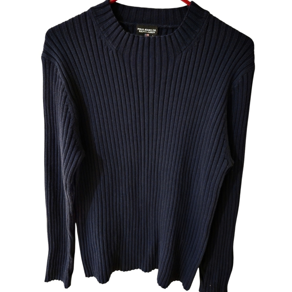 Polo Jeans Co Ralph Lauren Sweater Sz Large Pullover Ribbed Mock Neck Logo Navy